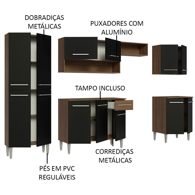 Armário de Cozinha Completa 293cm Rustic/Preto Emilly Madesa 01XA