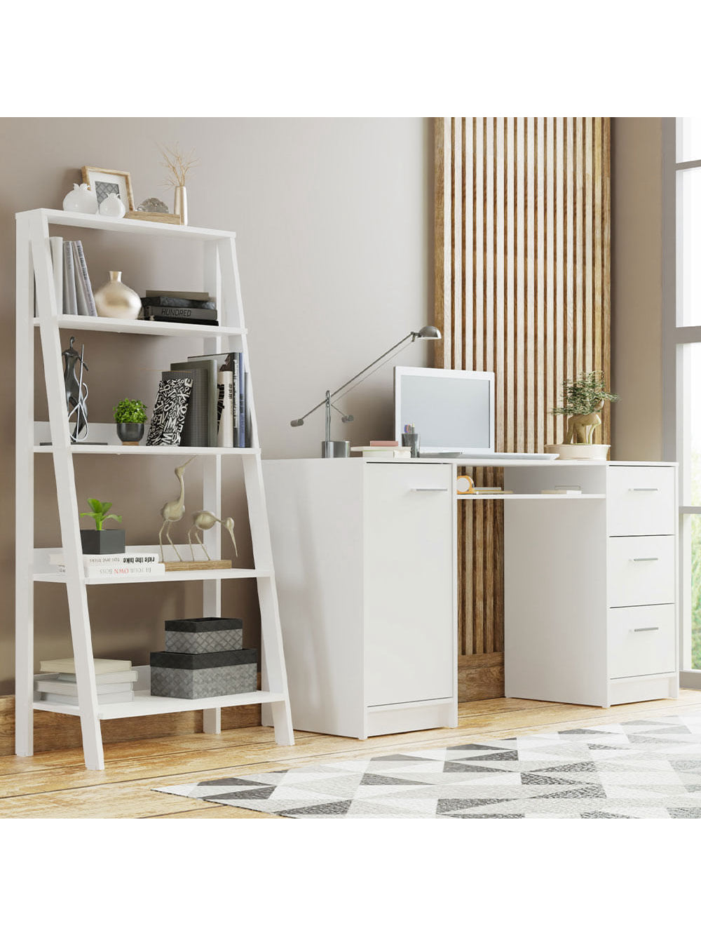 Escrivaninha Madesa Alaska + Estante Escada Branco - Branco