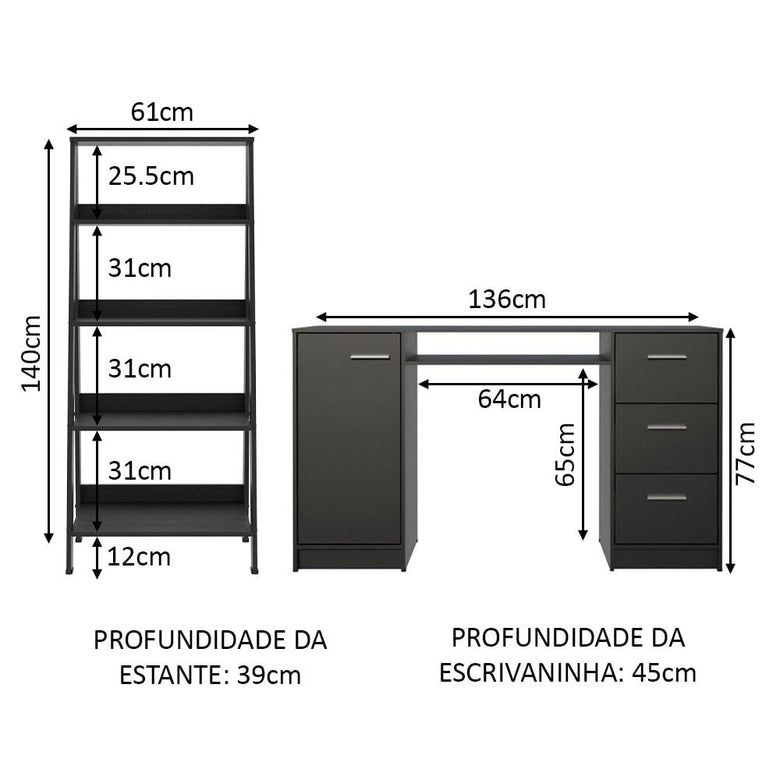 Escrivaninha Madesa Alaska + Estante Escada Preto