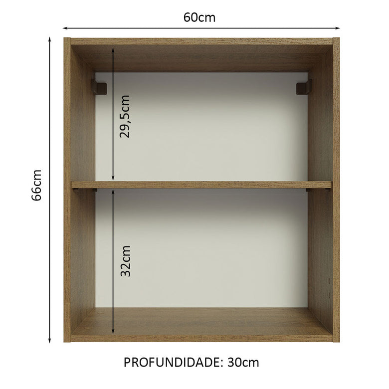 Armário Aéreo 60 cm com 2 Nichos Abertos para Cozinha Madesa Lux, Glamy, Agata, Stella Rustic