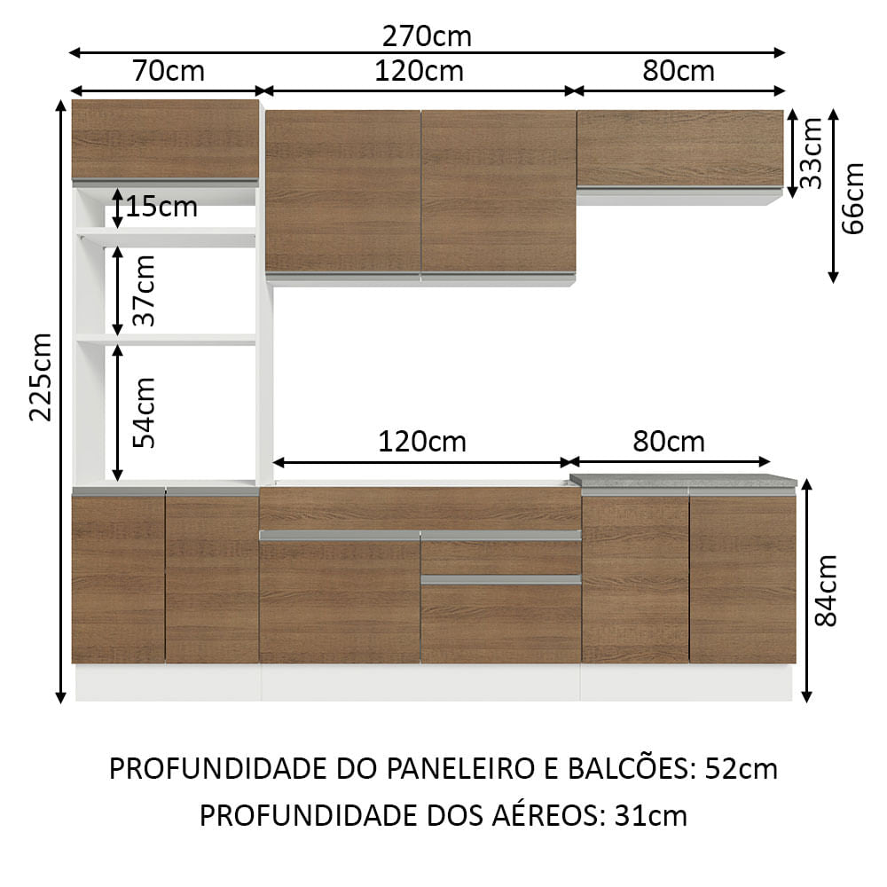 Armário de Cozinha Completa 270cm Branco/Rustic Glamy Madesa 13