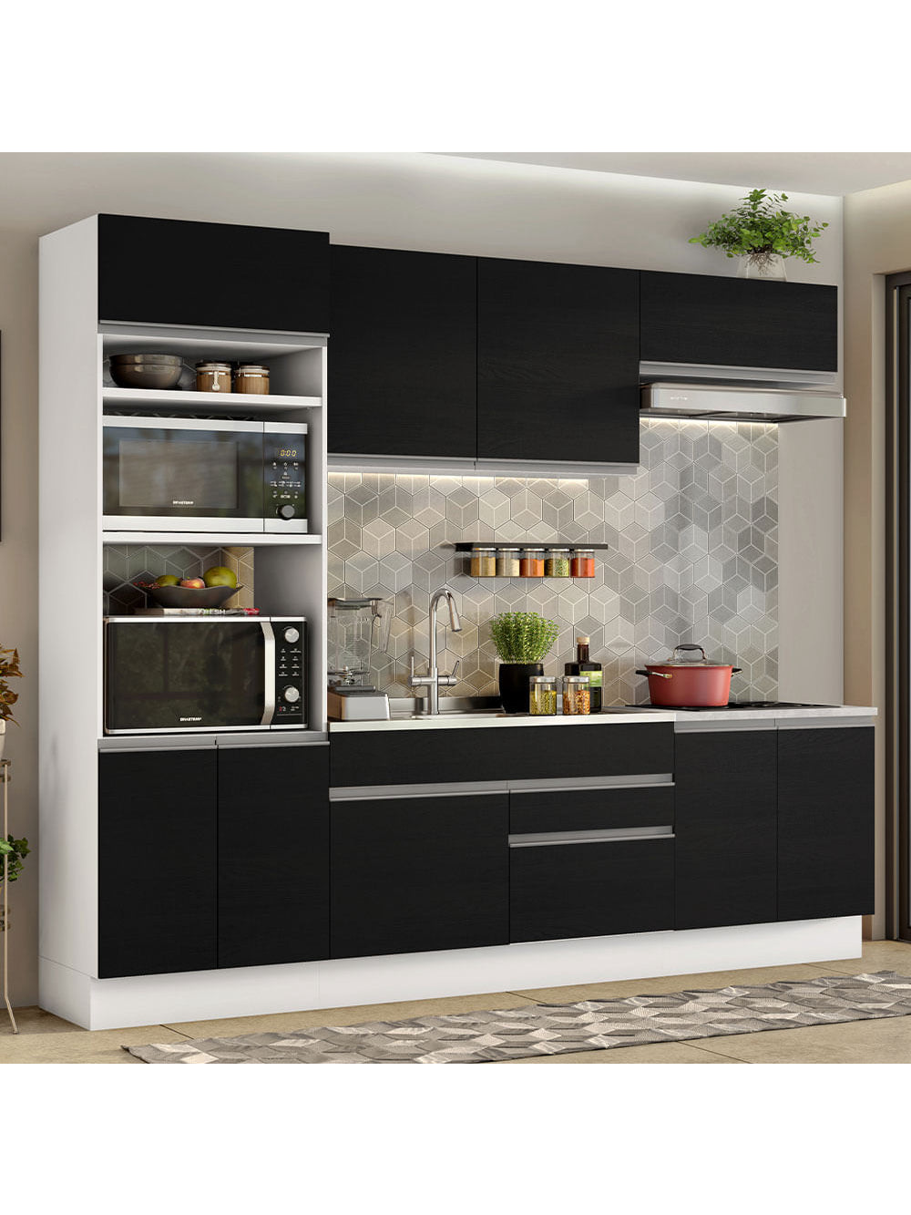 Armário de Cozinha Completa 270cm Branco/Preto Glamy Madesa 13 - Branco/Preto