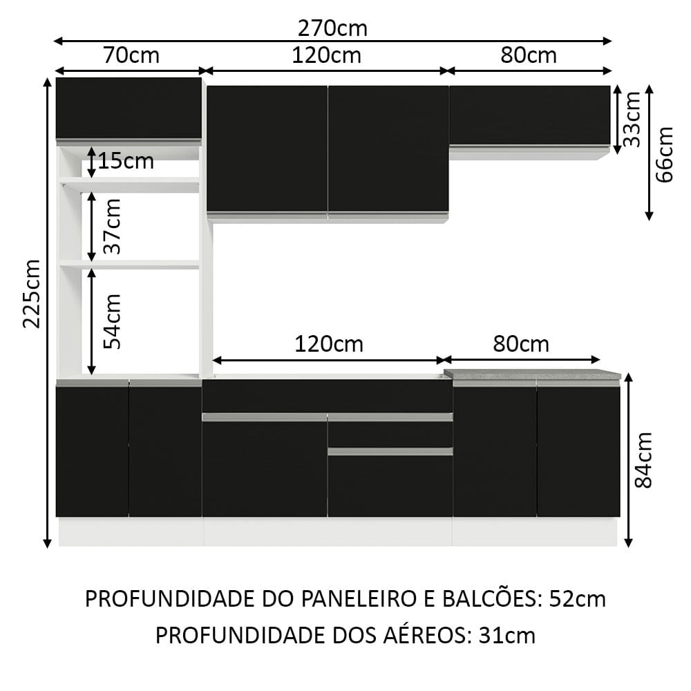 Armário de Cozinha Completa 270cm Branco/Preto Glamy Madesa 13