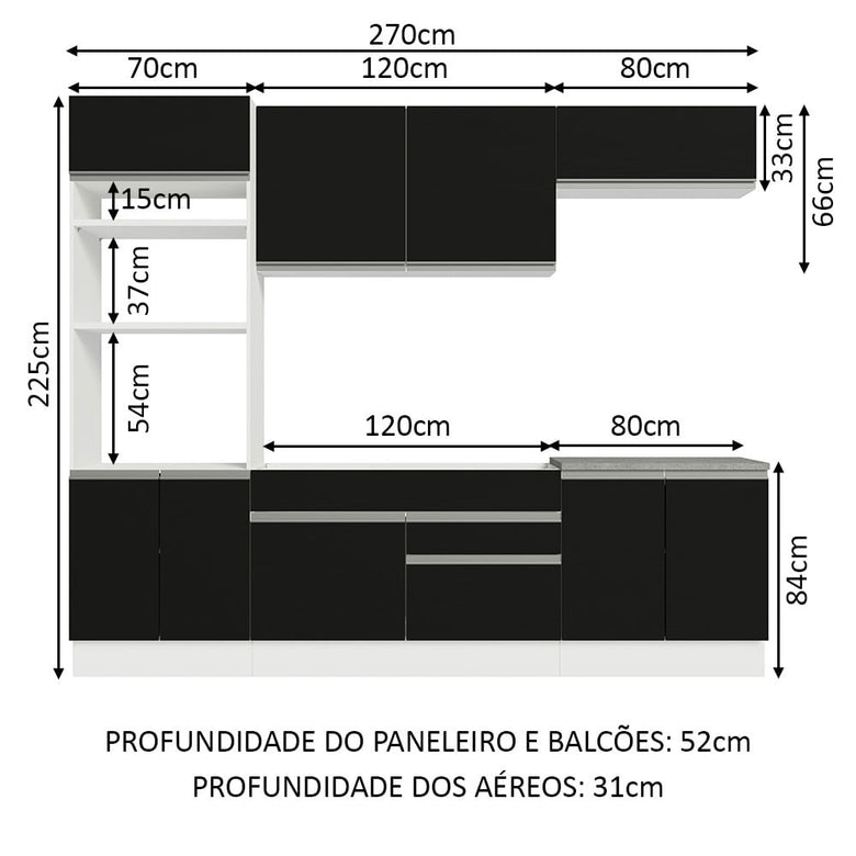 Armário de Cozinha Completa 270cm Branco/Preto Glamy Madesa 13