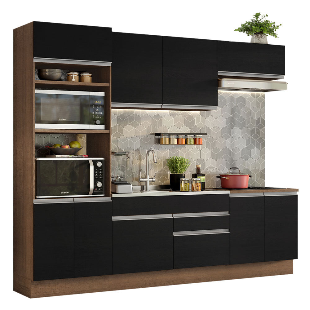 Armário de Cozinha Completa 270cm Rustic/Preto Glamy Madesa 13 - Rustic/Preto
