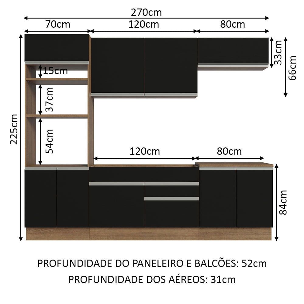 Armário de Cozinha Completa 270cm Rustic/Preto Glamy Madesa 13