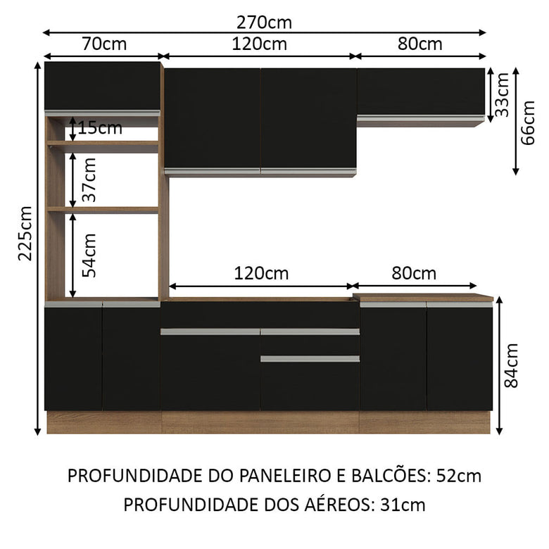Armário de Cozinha Completa 270cm Rustic/Preto Glamy Madesa 13