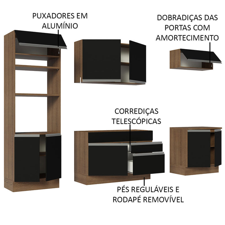 Armário de Cozinha Completa 270cm Rustic/Preto Glamy Madesa 13