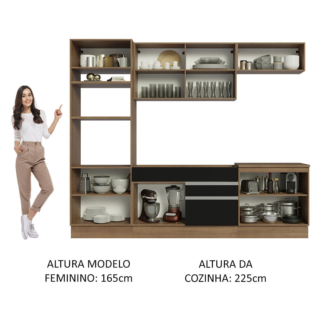 Armário de Cozinha Completa 270cm Rustic/Preto Glamy Madesa 13