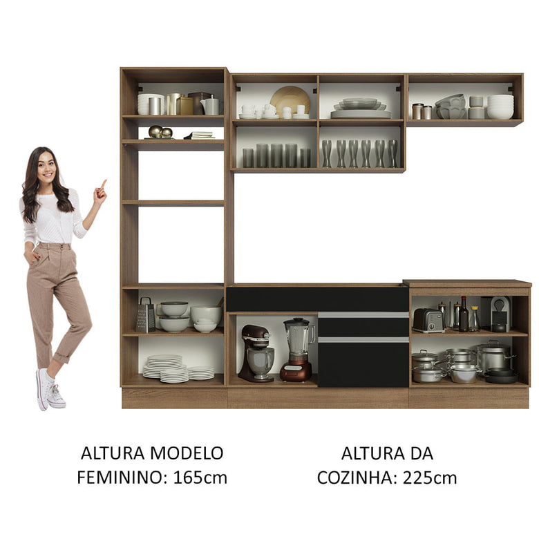 Armário de Cozinha Completa 270cm Rustic/Preto Glamy Madesa 13