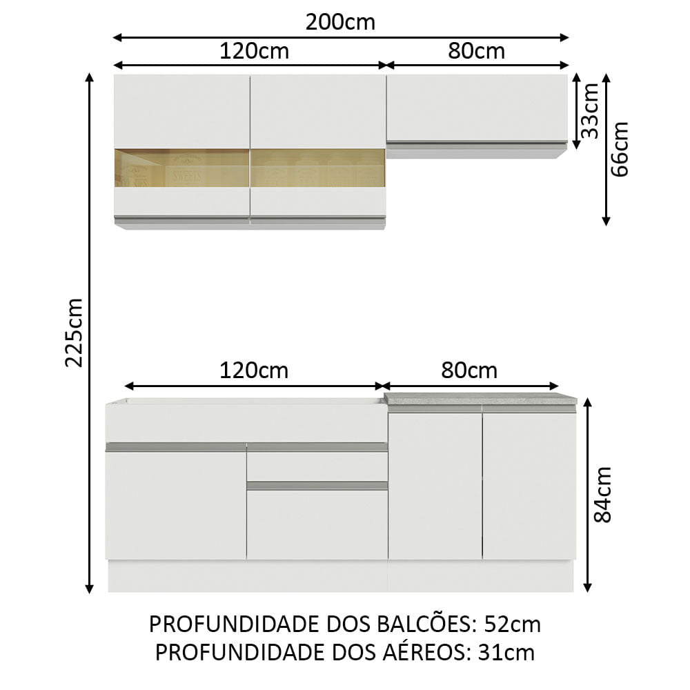 Armário de Cozinha Compacta 200cm Branco Glamy Madesa 07