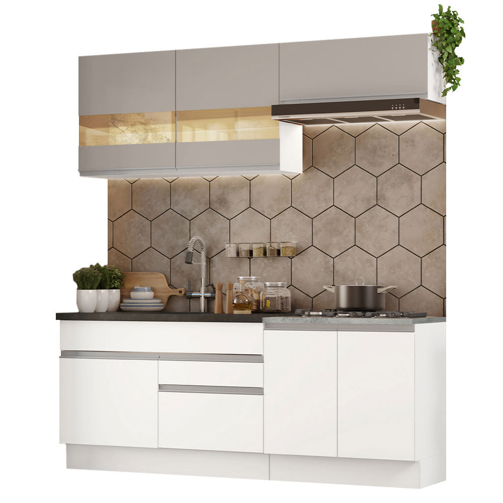 Armário de Cozinha Compacta 200cm Branco/Crema Glamy Madesa 07 - Branco/Branco/Crema