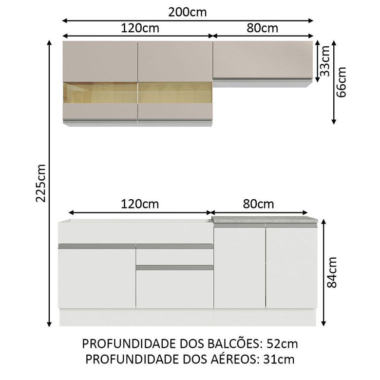 Armário de Cozinha Compacta 200cm Branco/Crema Glamy Madesa 07