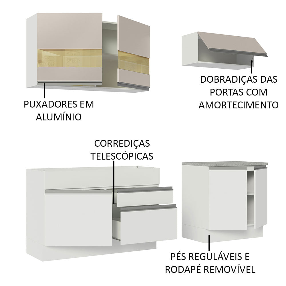 Armário de Cozinha Compacta 200cm Branco/Crema Glamy Madesa 07