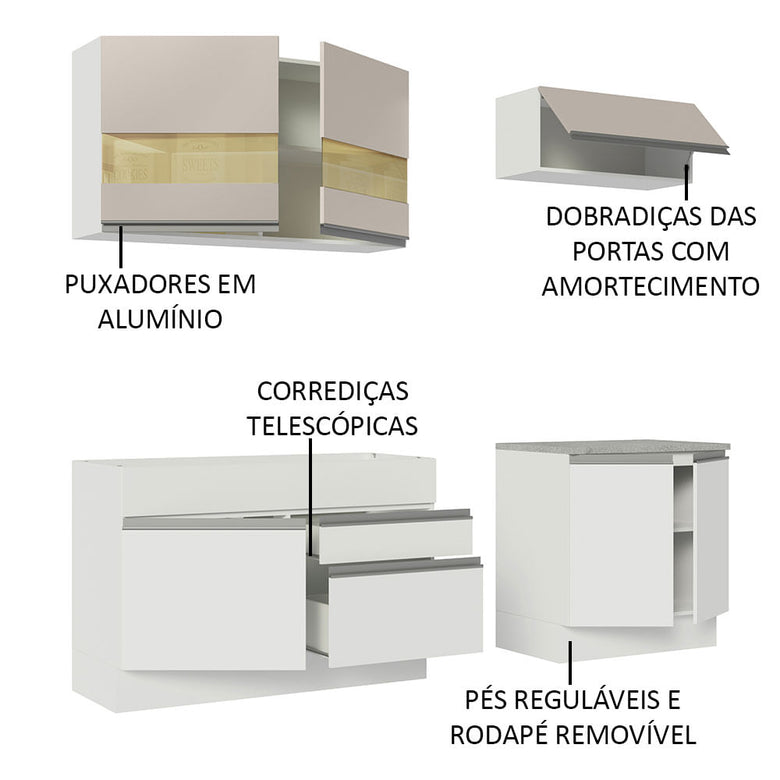 Armário de Cozinha Compacta 200cm Branco/Crema Glamy Madesa 07