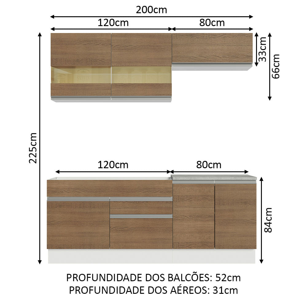 Armário de Cozinha Compacta 200cm Branco/Rustic Glamy Madesa 07