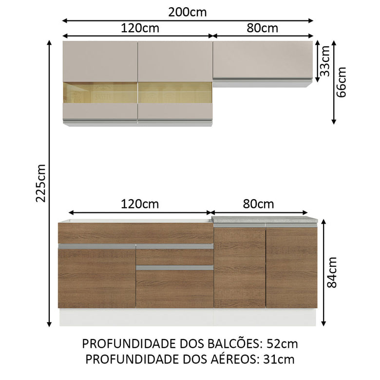 Armário de Cozinha Compacta 200cm Branco/Rustic/Crema Glamy Madesa 07