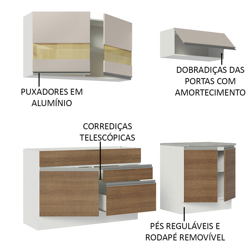 Armário de Cozinha Compacta 200cm Branco/Rustic/Crema Glamy Madesa 07