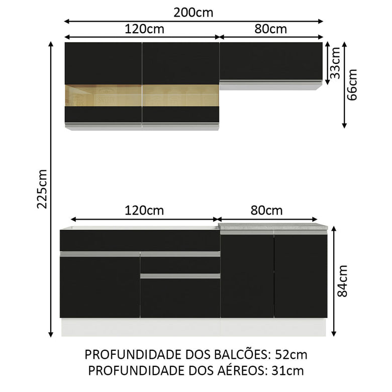 Armário de Cozinha Compacta 200cm Branco/Preto Glamy Madesa 07