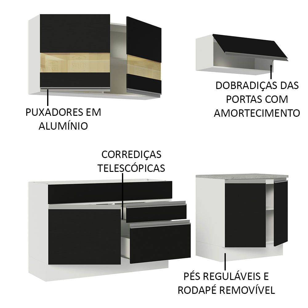 Armário de Cozinha Compacta 200cm Branco/Preto Glamy Madesa 07