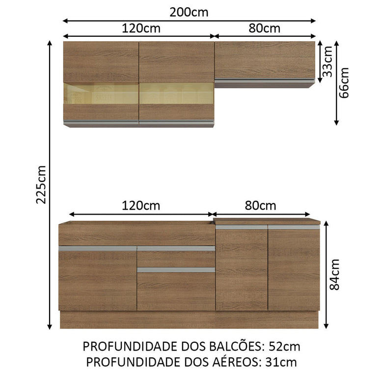 Armário de Cozinha Compacta 200cm Rustic Glamy Madesa 07