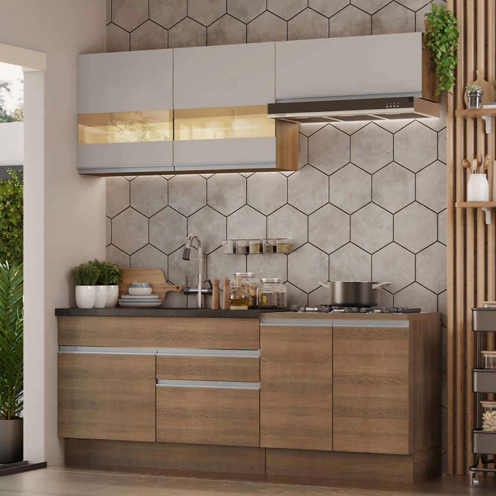 Armário de Cozinha Compacta 200cm Rustic/Crema Glamy Madesa 07 - Rustic/Crema