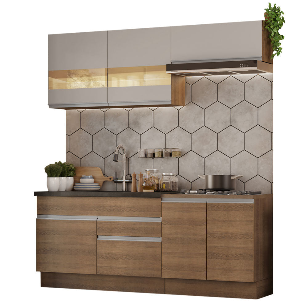 Armário de Cozinha Compacta 200cm Rustic/Crema Glamy Madesa 07 - Rustic/Crema