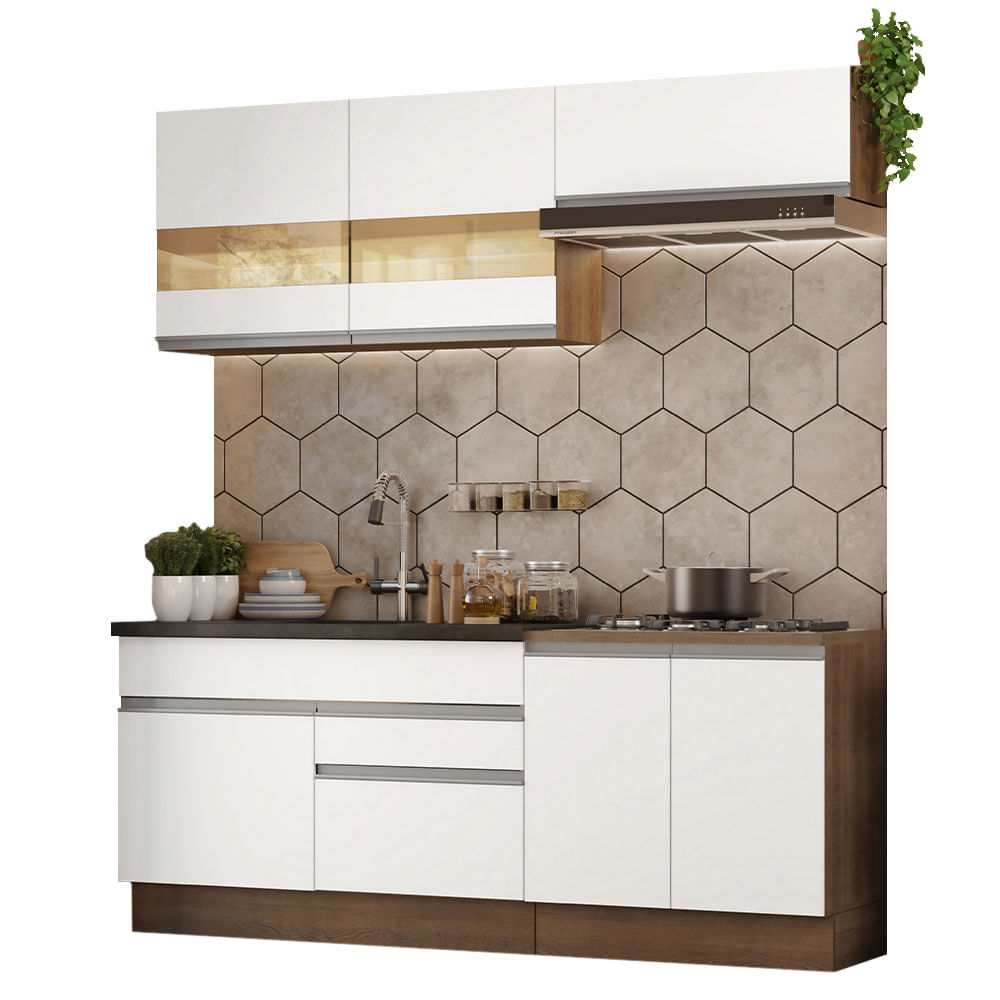 Armário de Cozinha Compacta 200cm Rustic/Branco Glamy Madesa 07 - Rustic/Branco