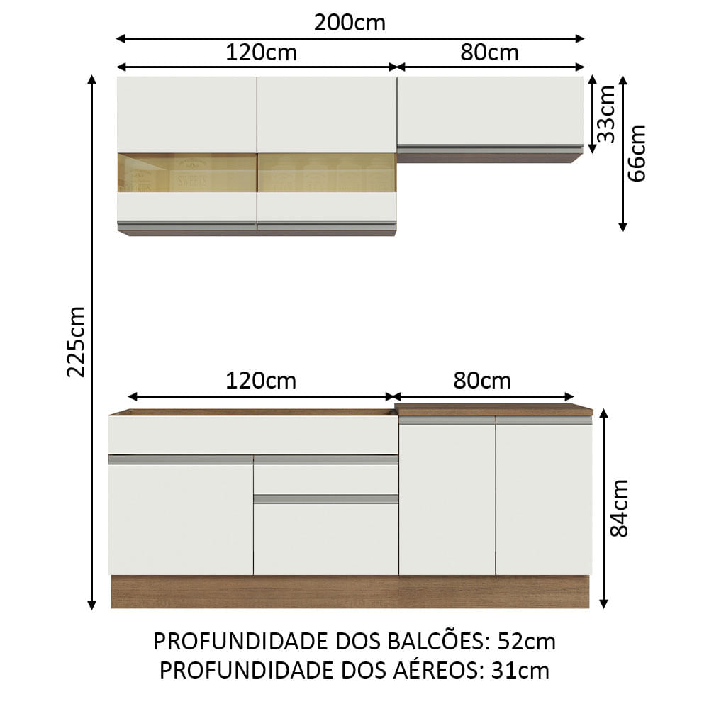 Armário de Cozinha Compacta 200cm Rustic/Branco Glamy Madesa 07