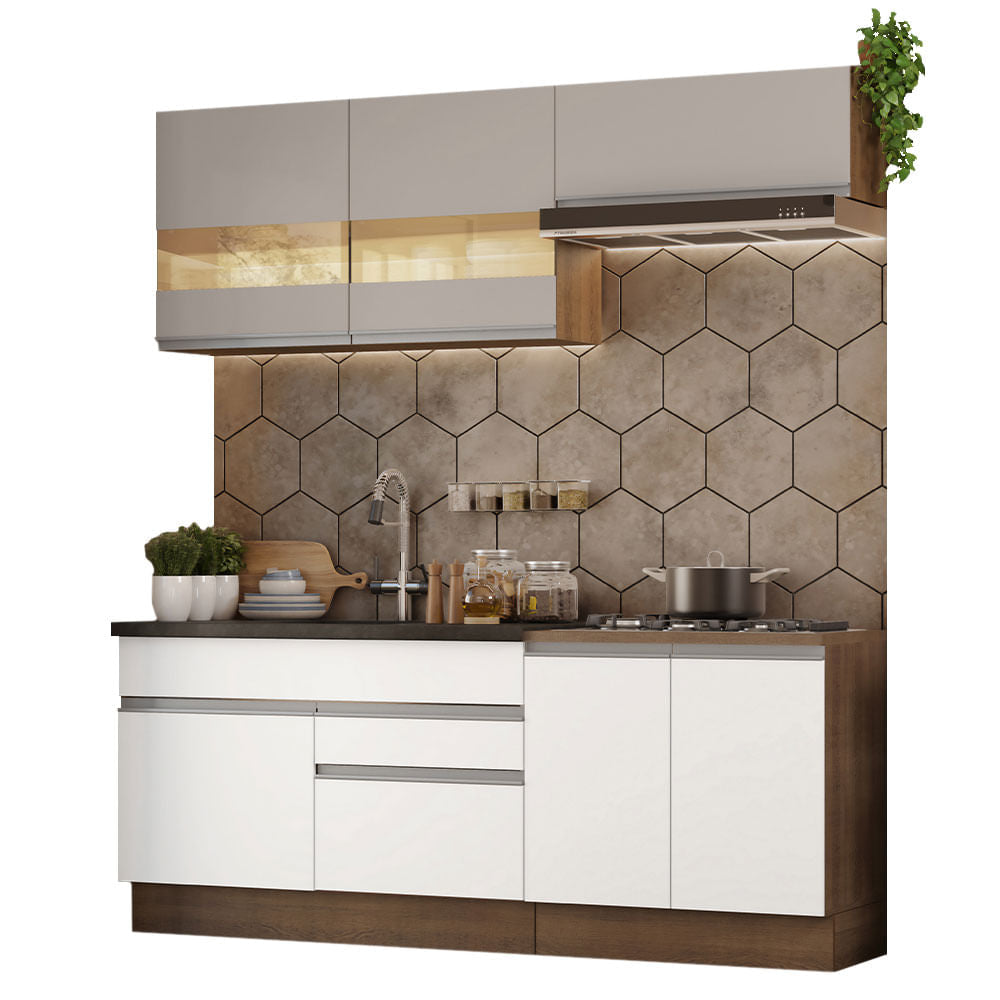 Armário de Cozinha Compacta 200cm Rustic/Branco/Crema Glamy Madesa 07 - Rustic/Branco/Crema