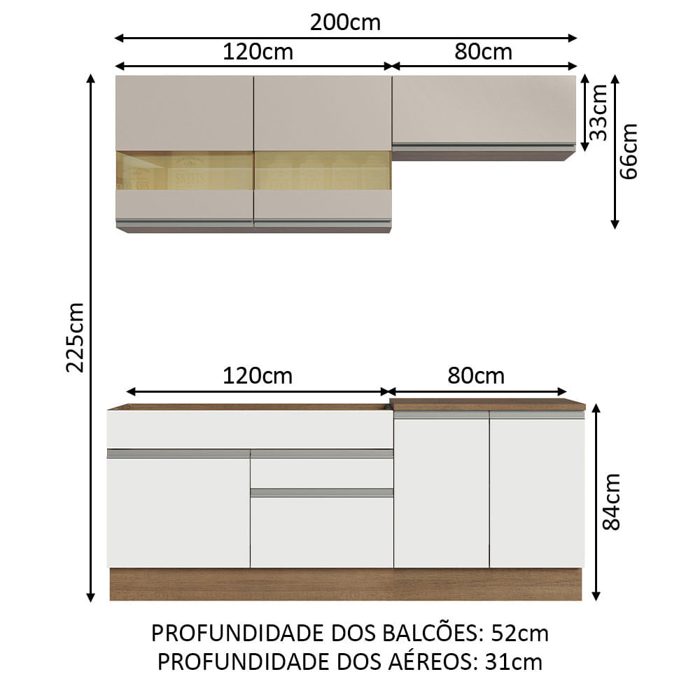 Armário de Cozinha Compacta 200cm Rustic/Branco/Crema Glamy Madesa 07