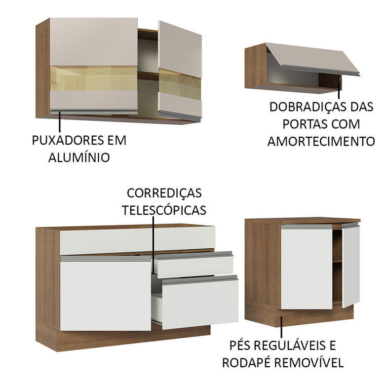 Armário de Cozinha Compacta 200cm Rustic/Branco/Crema Glamy Madesa 07