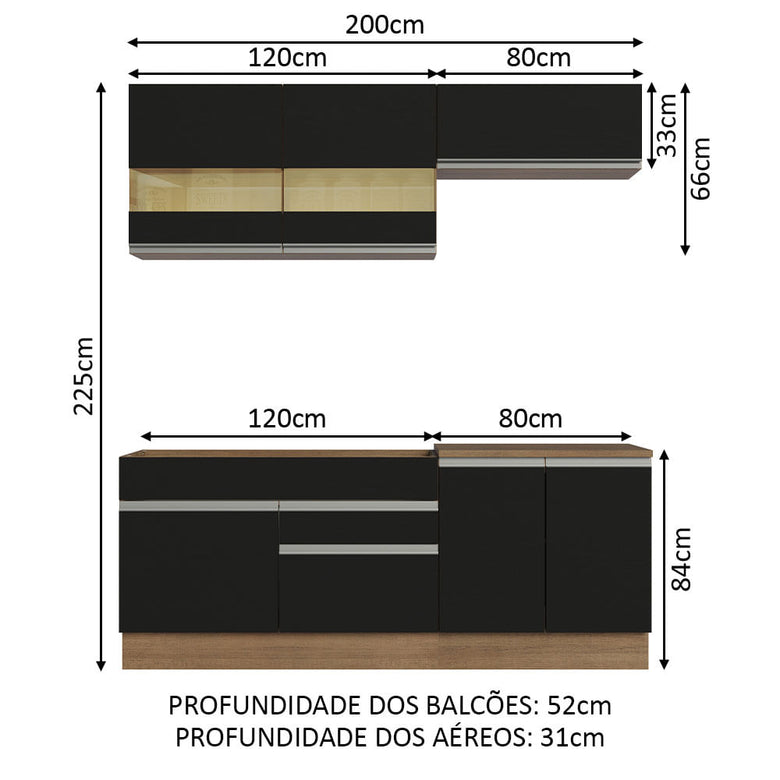 Armário de Cozinha Compacta 200cm Rustic/Preto Glamy Madesa 07