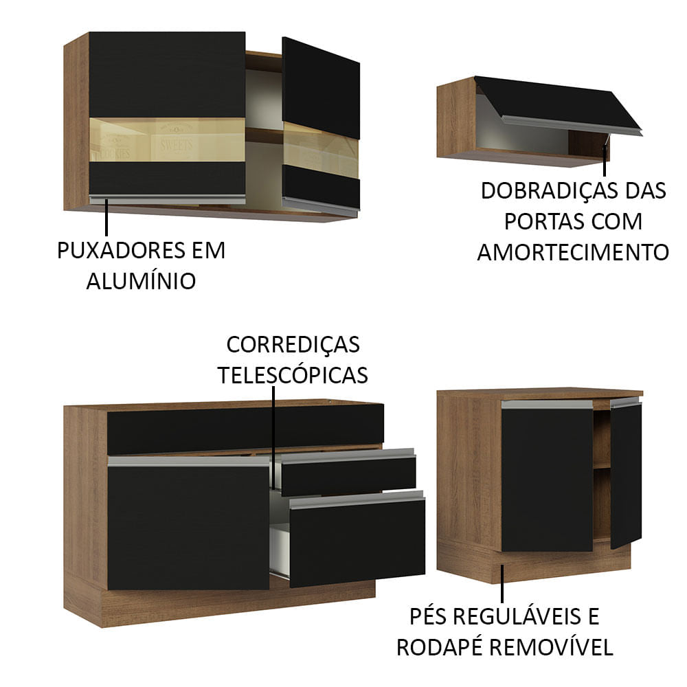 Armário de Cozinha Compacta 200cm Rustic/Preto Glamy Madesa 07