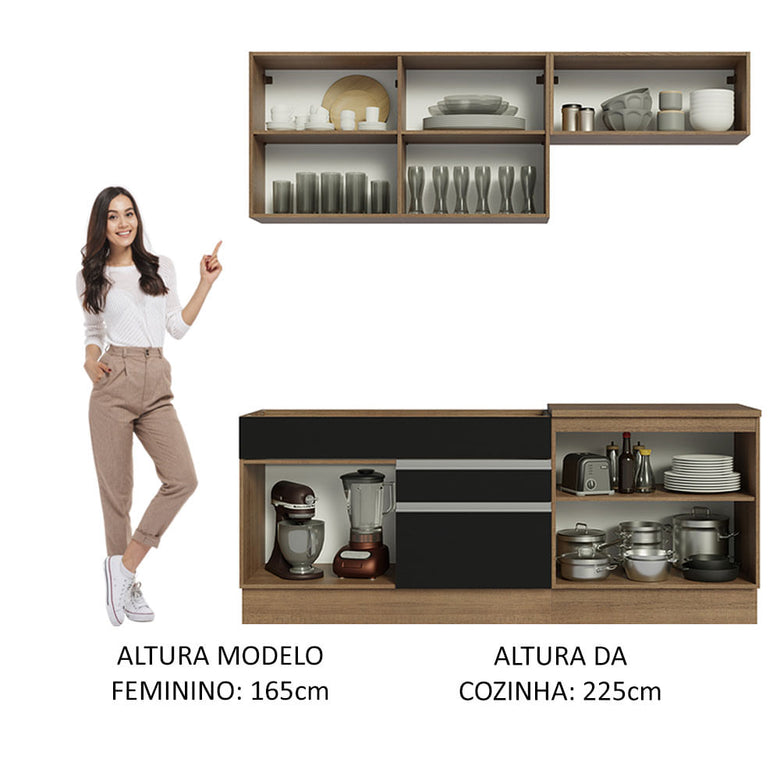Armário de Cozinha Compacta 200cm Rustic/Preto Glamy Madesa 07