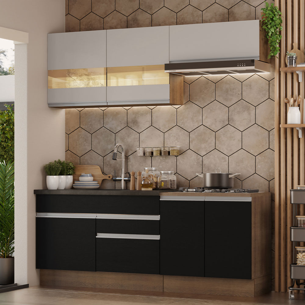 Armário de Cozinha Compacta 200cm Rustic/Preto/Crema Glamy Madesa 07 - Rustic/Preto/Crema