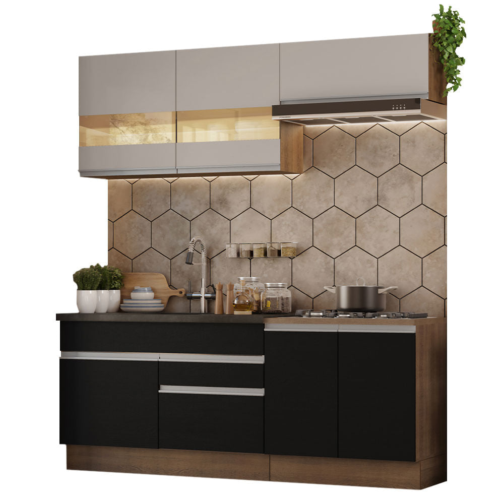 Armário de Cozinha Compacta 200cm Rustic/Preto/Crema Glamy Madesa 07 - Rustic/Preto/Crema