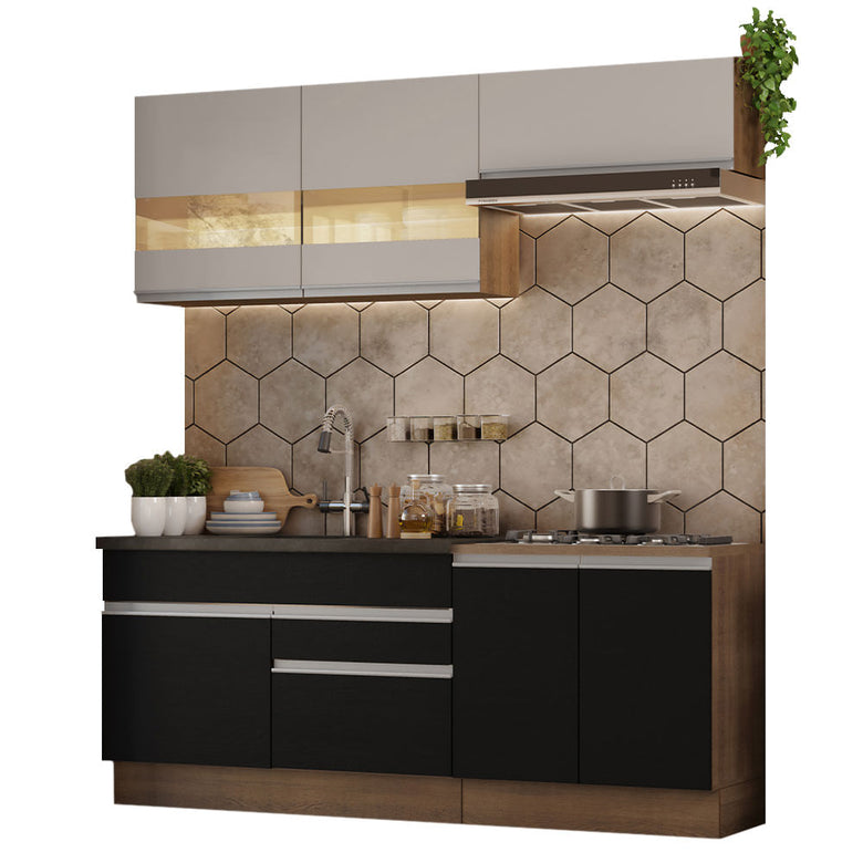 Armário de Cozinha Compacta 200cm Rustic/Preto/Crema Glamy Madesa 07