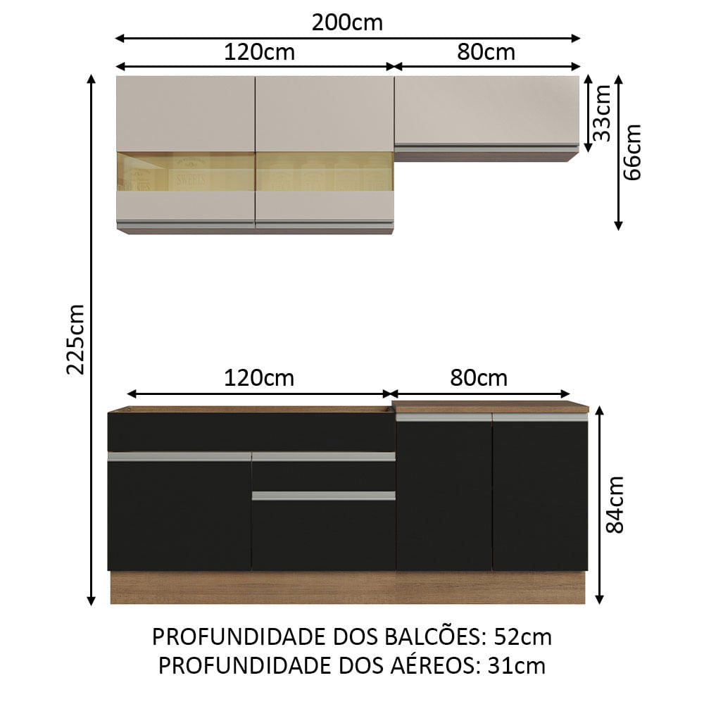 Armário de Cozinha Compacta 200cm Rustic/Preto/Crema Glamy Madesa 07