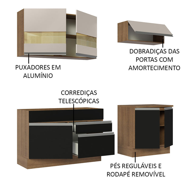 Armário de Cozinha Compacta 200cm Rustic/Preto/Crema Glamy Madesa 07