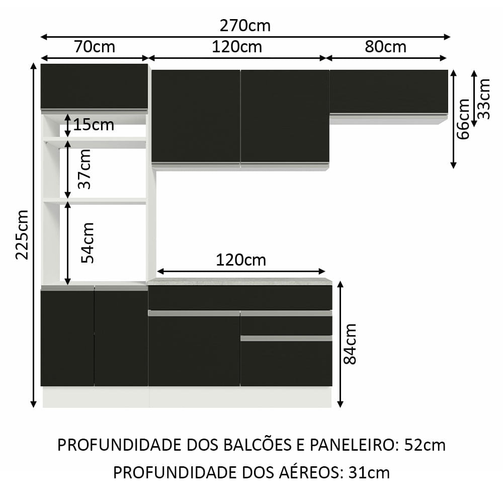 Armário de Cozinha Completa 270cm Branco/Preto Glamy Madesa 14