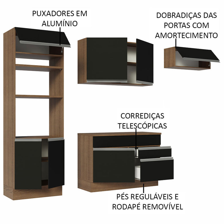 Armário de Cozinha Completa 270cm Rustic/Preto Glamy Madesa 14