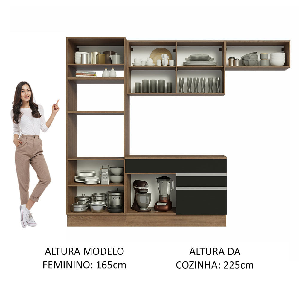 Armário de Cozinha Completa 270cm Rustic/Preto Glamy Madesa 14