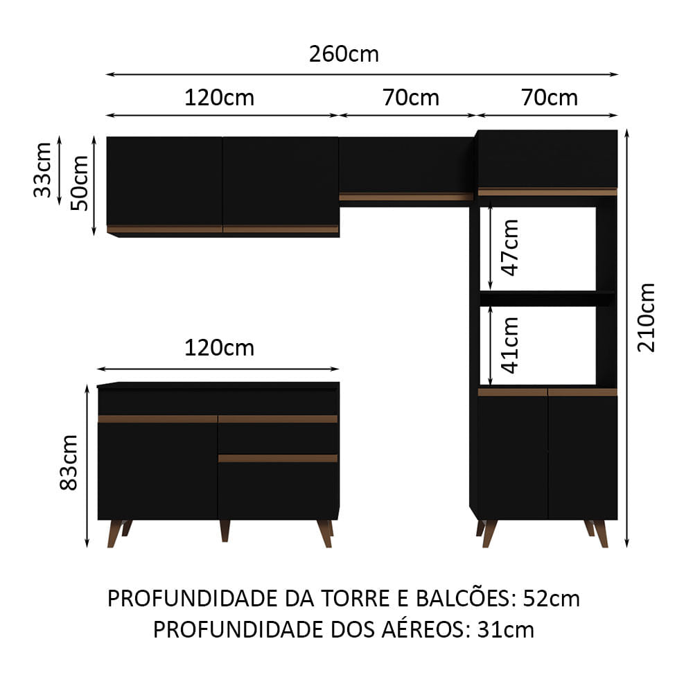 Armário de Cozinha Completa 260cm Preto Reims Madesa 09