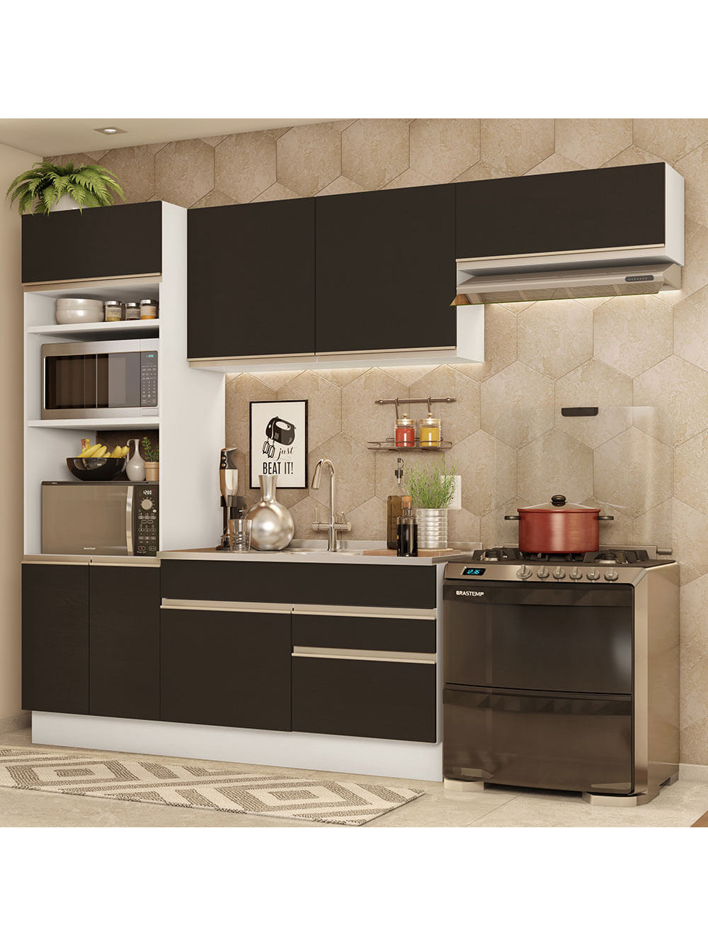 Armário de Cozinha Completa 270cm Branco/Preto Glamy Madesa 15 - Branco/Preto
