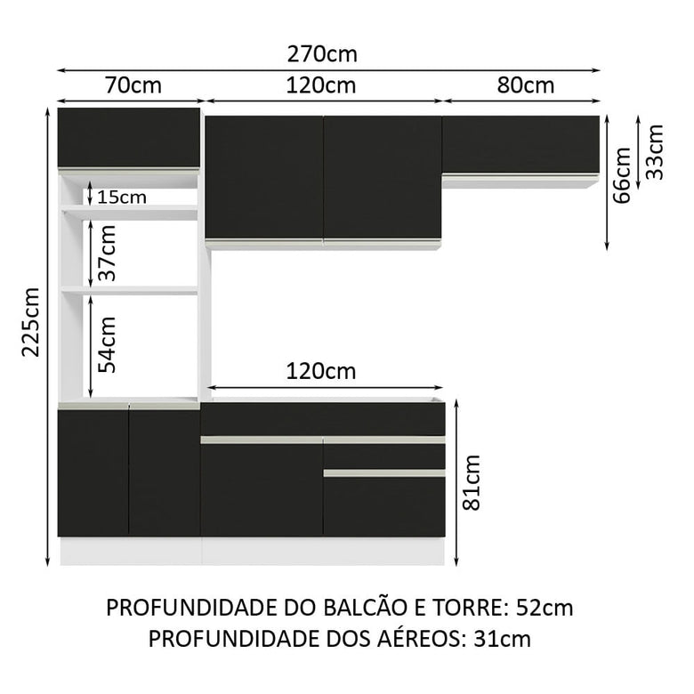 Armário de Cozinha Completa 270cm Branco/Preto Glamy Madesa 15