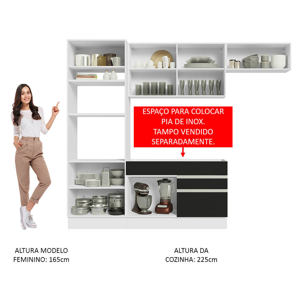 Armário de Cozinha Completa 270cm Branco/Preto Glamy Madesa 15