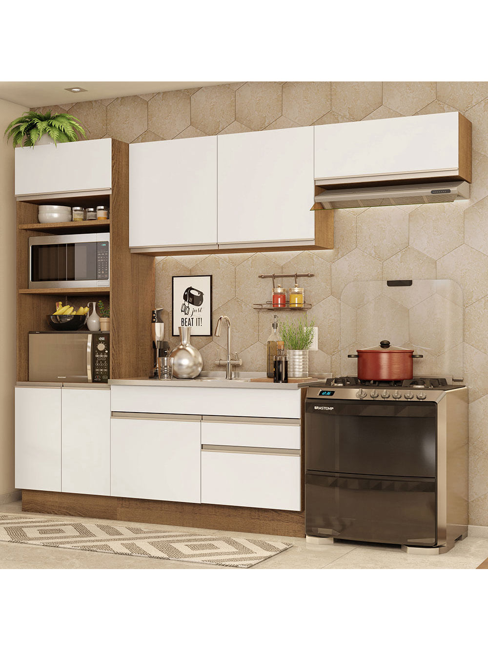 Armário de Cozinha Completa 270cm Rustic/Branco Glamy Madesa 15 - Rustic/Branco