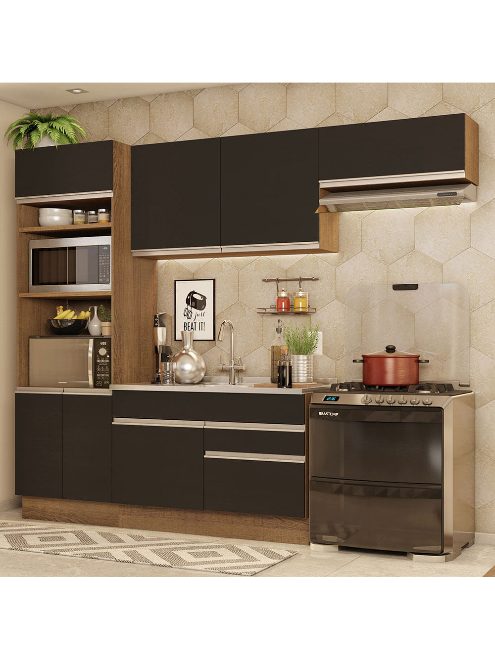 Armário de Cozinha Completa 270cm Rustic/Preto Glamy Madesa 15 - Rustic/Preto
