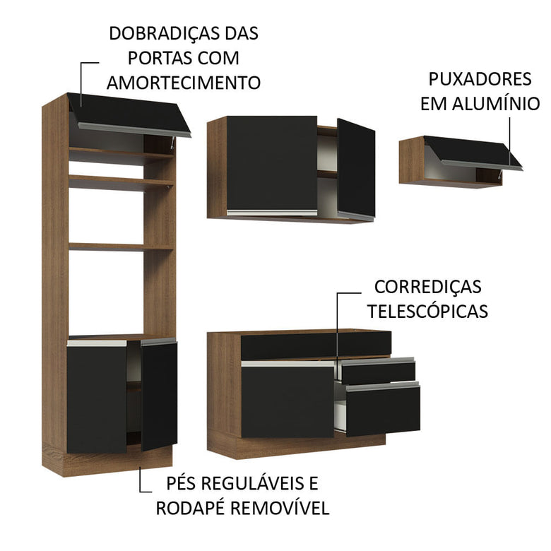 Armário de Cozinha Completa 270cm Rustic/Preto Glamy Madesa 15